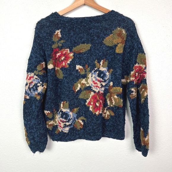 Liz Claiborne Lizwear Womens Floral Rose Chunky Knit Sweater Blue Cropped Large - Picture 5 of 8